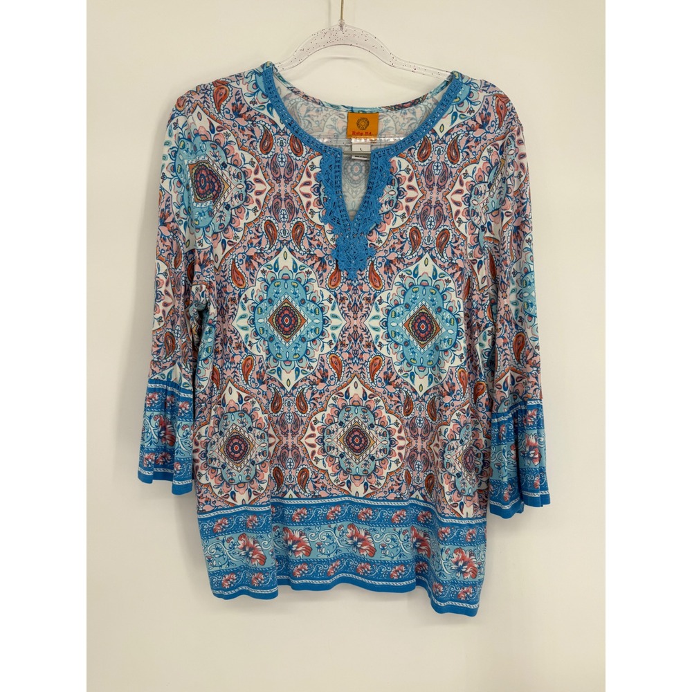 Ruby Rd Womens Blue Paisley Medallion Crochet Lace V-Neck Top Sz L